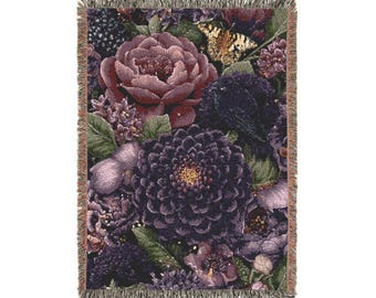 Manta tejida con flores oscuras / Manta victoriana gótica, tapiz