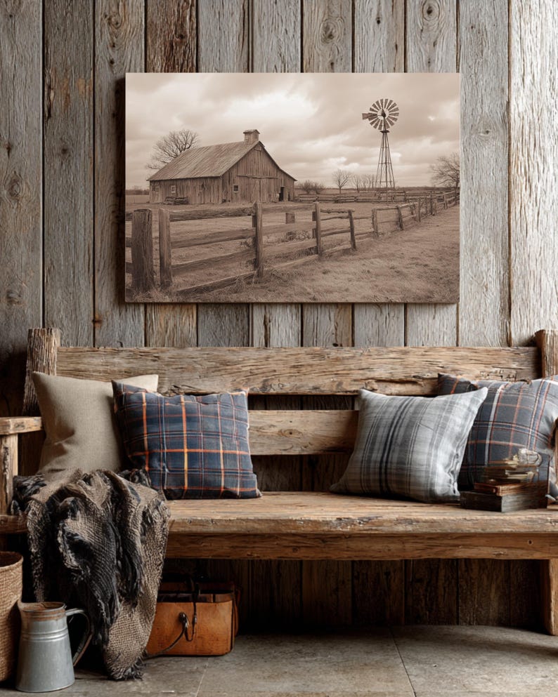 Rustic Farmhouse Barn Print: Vintage Windmill, Country Landscape - Etsy