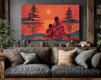 Indigenous Sunset Wall Art | Mother and Child Silhouette, Lake Poster