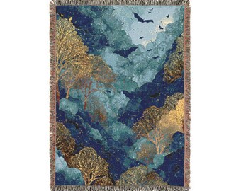 Gothic Bat Forest Woven Blanket | Mystical Moonlit Woodland Throw