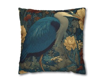 Blue Heron Floral Pillow: William Morris Style Cottagecore Cushion