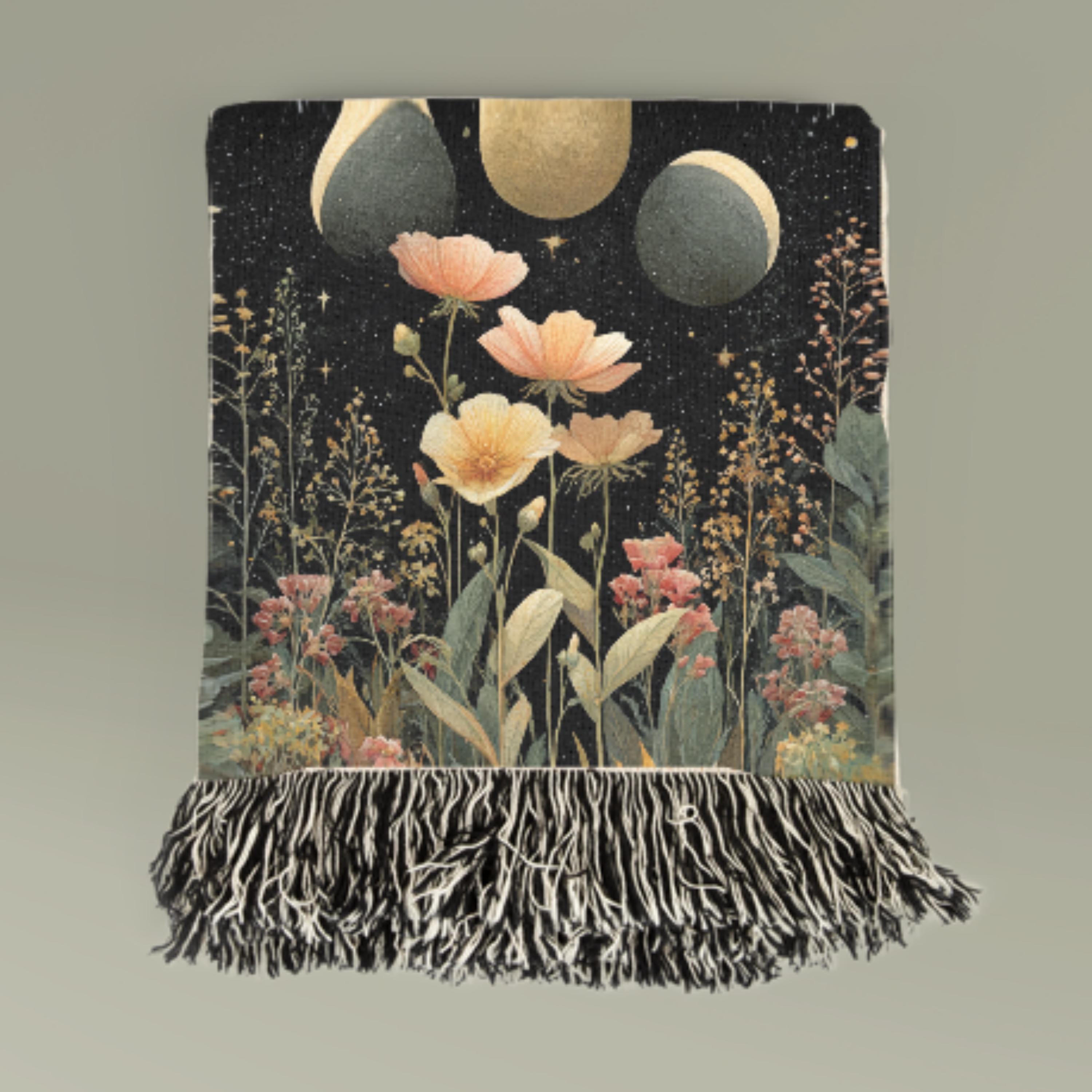 Triple Moon Woven Blanket – Gothic Floral Watercolor Tapestry