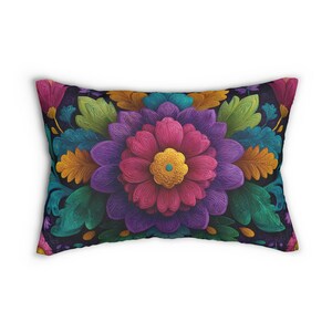 Boho Groovy Flower Lumbar Pillow – Retro Floral Pattern Cushion, Colorful Sofa Pillow Maximalist Decor, Colorful 70s Style Pillow Gift Idea