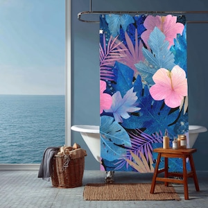 Blue and Pink Palm Leaf Pattern Tropical Shower Curtain, Vibrant Botanical Beach Bathroom Decor, Modern Jungle Coastal Style Curtain