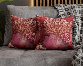 Federa per cuscino con motivo botanico costiero: decorazione con corallo rosa tropicale e vita marina
