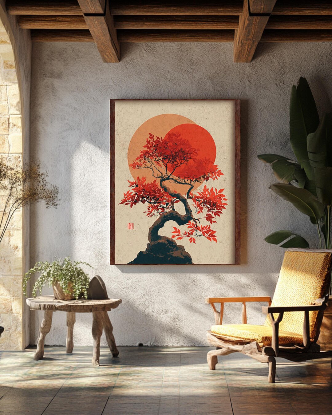 Japanese Inspired Abstract Tree Art: Beige Minimalist Canvas, Dark Wood ...