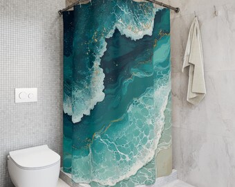 Douchegordijn groenblauw en goudkleurig golven: baddecoratie kuststrandhuis