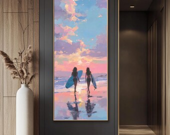 Pastel Surfer Girls Sunset Beach Art: Coastal Canvas or Framed Print