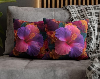 Abstract Hibiscus Throw Pillow: Bright Tropical Floral Woven Cushion