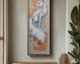 以下が含まれることがあります： 赤い模様のある白いキツネが描かれた、額入りの縦型アートプリント。オレンジとベージュの様式化された雲を背景にしています。アートワークは、木製のベンチの上にあるニュートラルカラーの壁に展示されています。