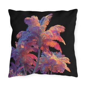 Neon Tropical Palm Tree Pillow – Bright Colorful Palm on Black Background, Purple And Pink Palm Tree Cushion, Abstract Palm Pillowcase