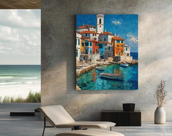 Pode incluir: Uma impressão em tela emoldurada retratando uma vila costeira com edifícios coloridos e barcos na água. A obra de arte apresenta uma paleta de cores vibrantes de azuis, laranjas e amarelos, criando uma atmosfera mediterrânea. A impressão é exibida em um ambiente interior moderno.