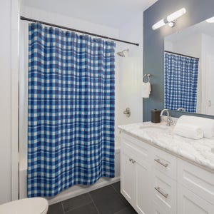 Blue Gingham Shower Curtain, Classic Blue & White Checkered Curtain, Plaid Curtain, Country Cottage Style Decor, Preppy Chic Bath Curtain