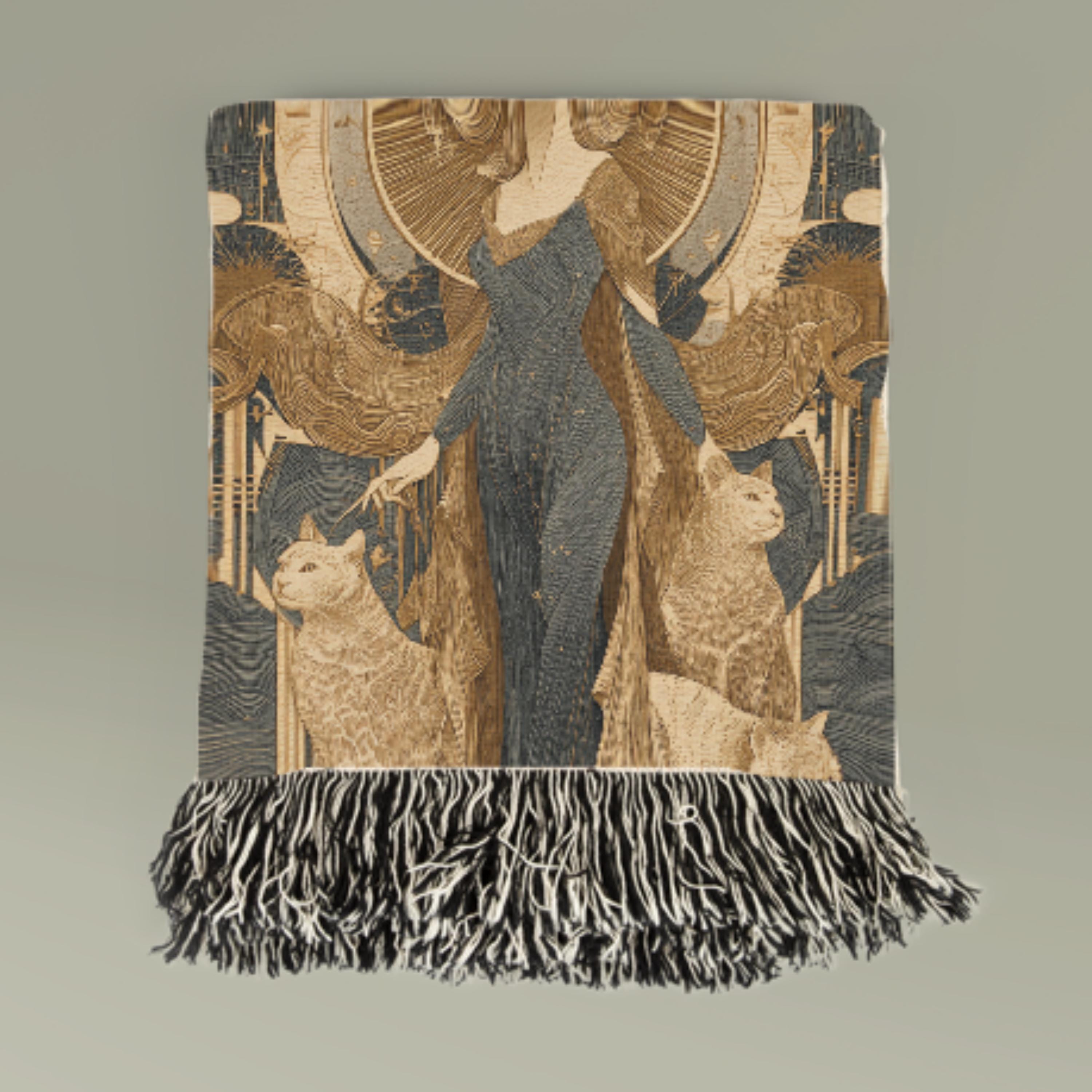 Celestial Mermaid Woven Blanket – Art Deco Goddess with Cats