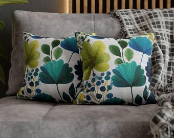 Coastal Floral Pillow Cover: Light Green & Blue Tropical Woven Cushion