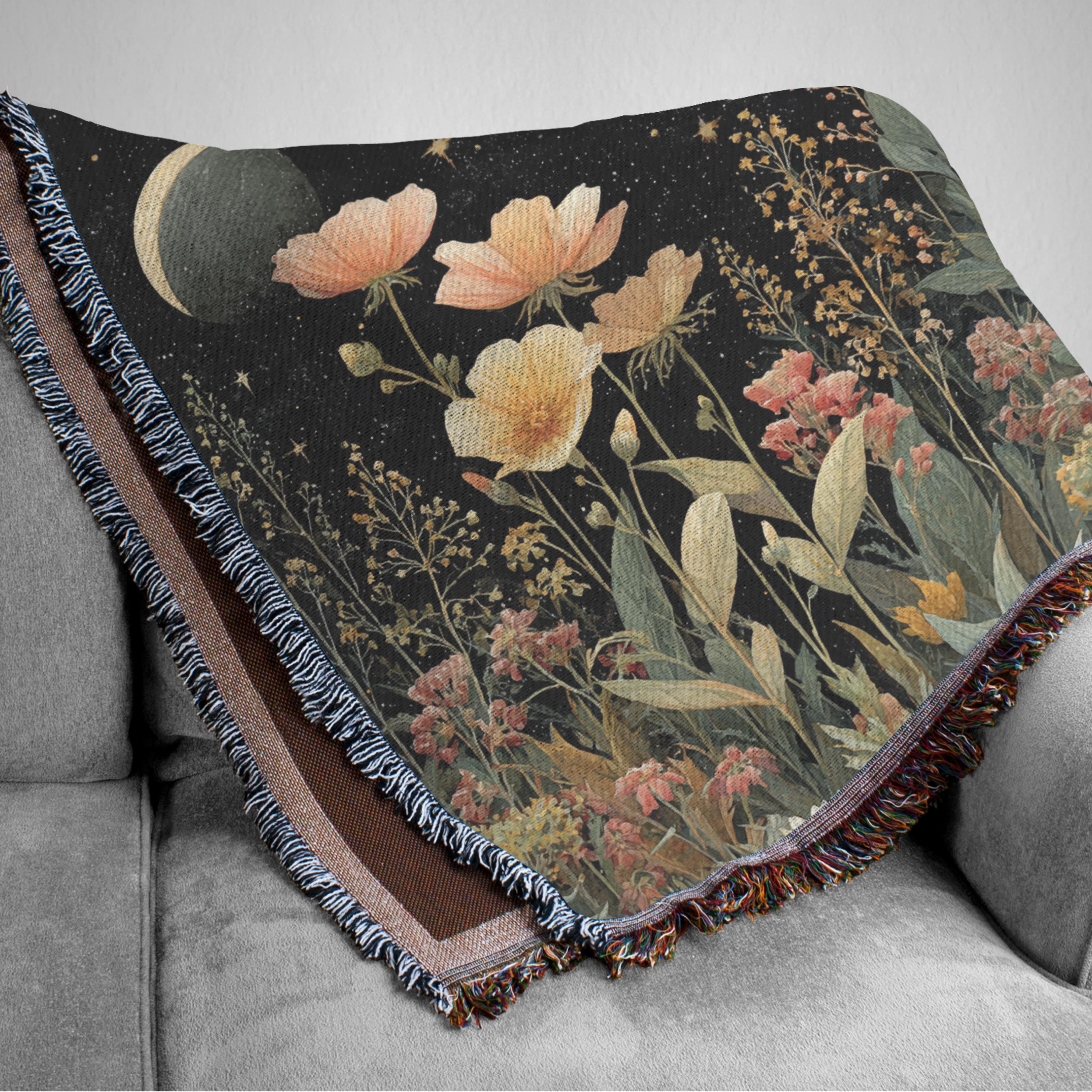 Triple Moon Woven Blanket – Gothic Floral Watercolor Tapestry