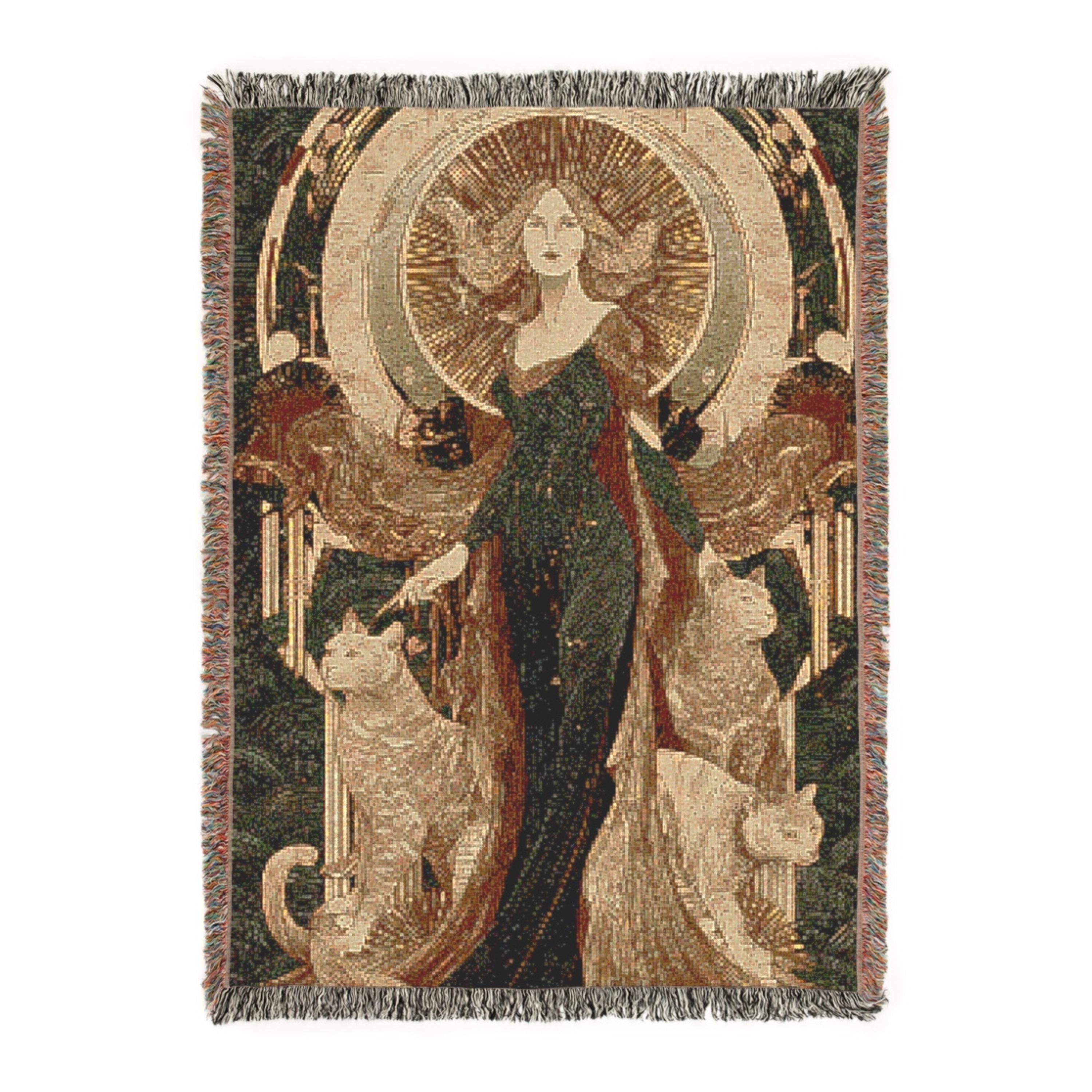 Celestial Mermaid Woven Blanket – Art Deco Goddess with Cats