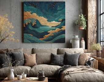 May include: A square canvas art piece depicting an abstract ocean scene with swirling teal waves, golden clouds, and a starry night sky. The artwork hangs above a beige sectional sofa with various throw pillows, creating a cozy living room setting.