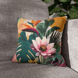 Tropical Abstract Pillow – Bold Monstera, Palm Leaves & Florals Throw, Boho Patio Pillow, Colorful Cushion, Bright Floral Garden Pillow
