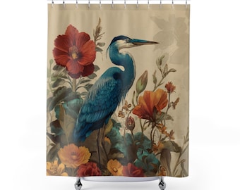 Blue Heron Shower Curtain: Vintage Floral Bird, Botanical Bathroom Decor