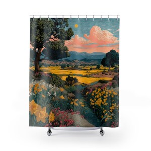 May include: A shower curtain featuring a landscape illustration. The artwork depicts a sunny day with a yellow field, a path, and colorful flowers. The sky is blue with pink clouds and a yellow sun.