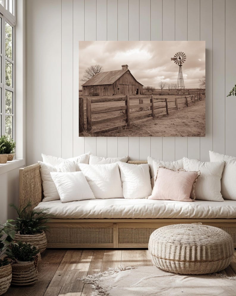 Rustic Large Print Rustic Farmhouse Barn Print: Vintage Windmill, Country Landscape - Etsy