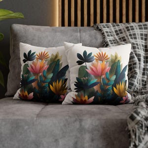 Flower And Leaves Abstract Pillow – Boho Floral Pillow, Botanical Cushion, Colorful Throw, Modern Tropical, Floral Decor Pillow For Patio