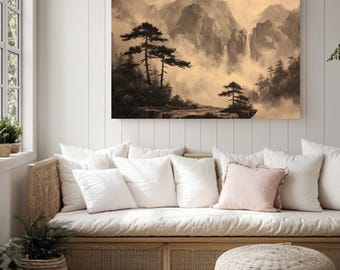 Misty Mountain Waterfall Print: Asian Ink Landscape Art