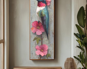 ハチドリの油絵プリント - カラフルな鳥のキャンバスウォールアート
