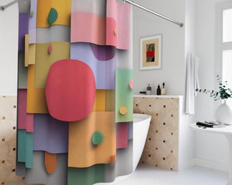 Cortina de ducha geométrica: cuadrados abstractos coloridos, decoración de baño moderna