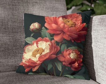 Sfeervol bloemen geweven sierkussen | Kussen Dark Academia Peony