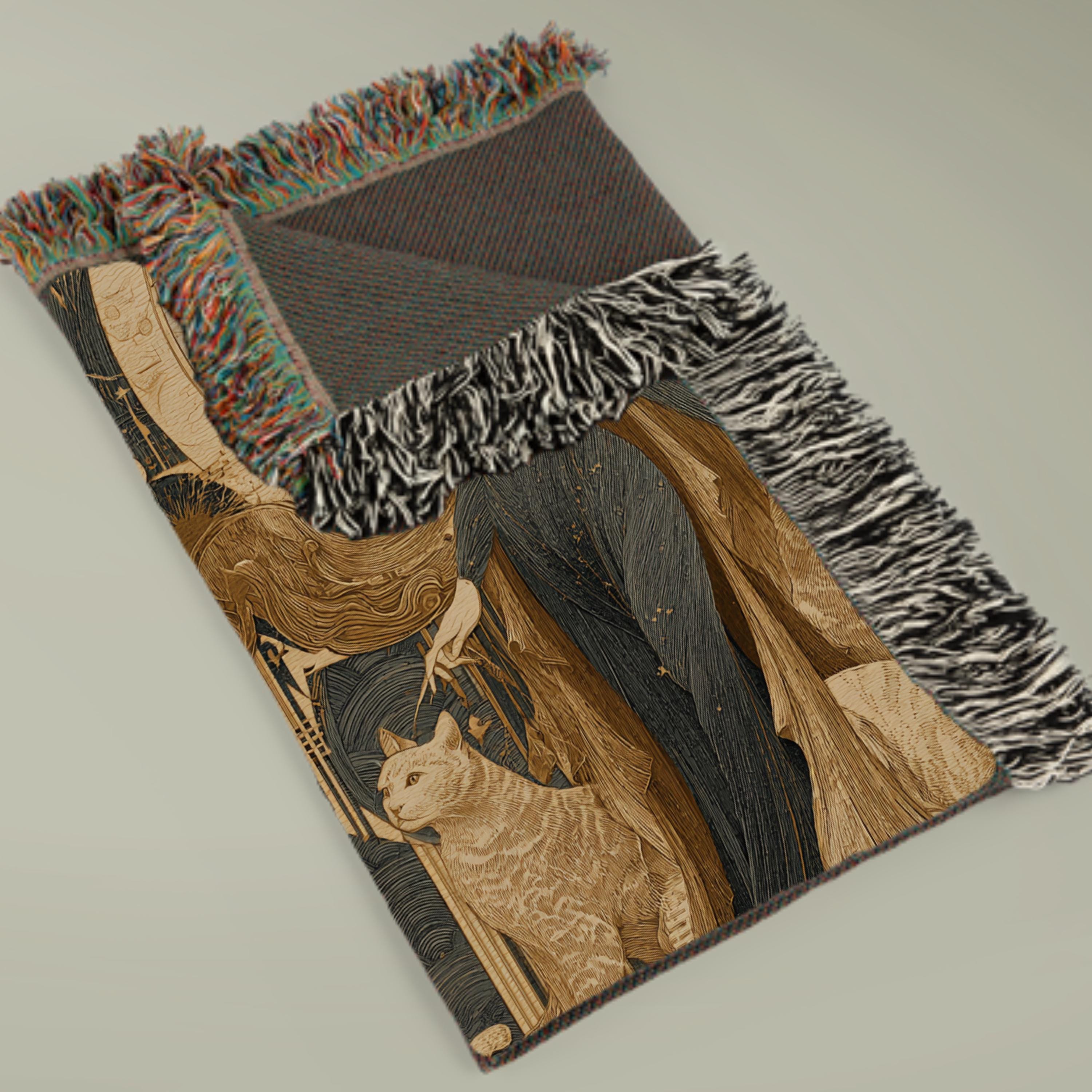 Celestial Mermaid Woven Blanket – Art Deco Goddess with Cats