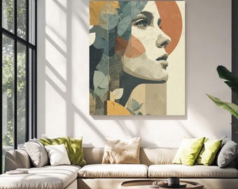 Retro Woman Portrait Print: Boho Earth Tones, Leaves in Hair