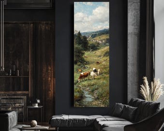 Vintage Cow Meadow Canvas Art – Rustic Farmhouse Landscape