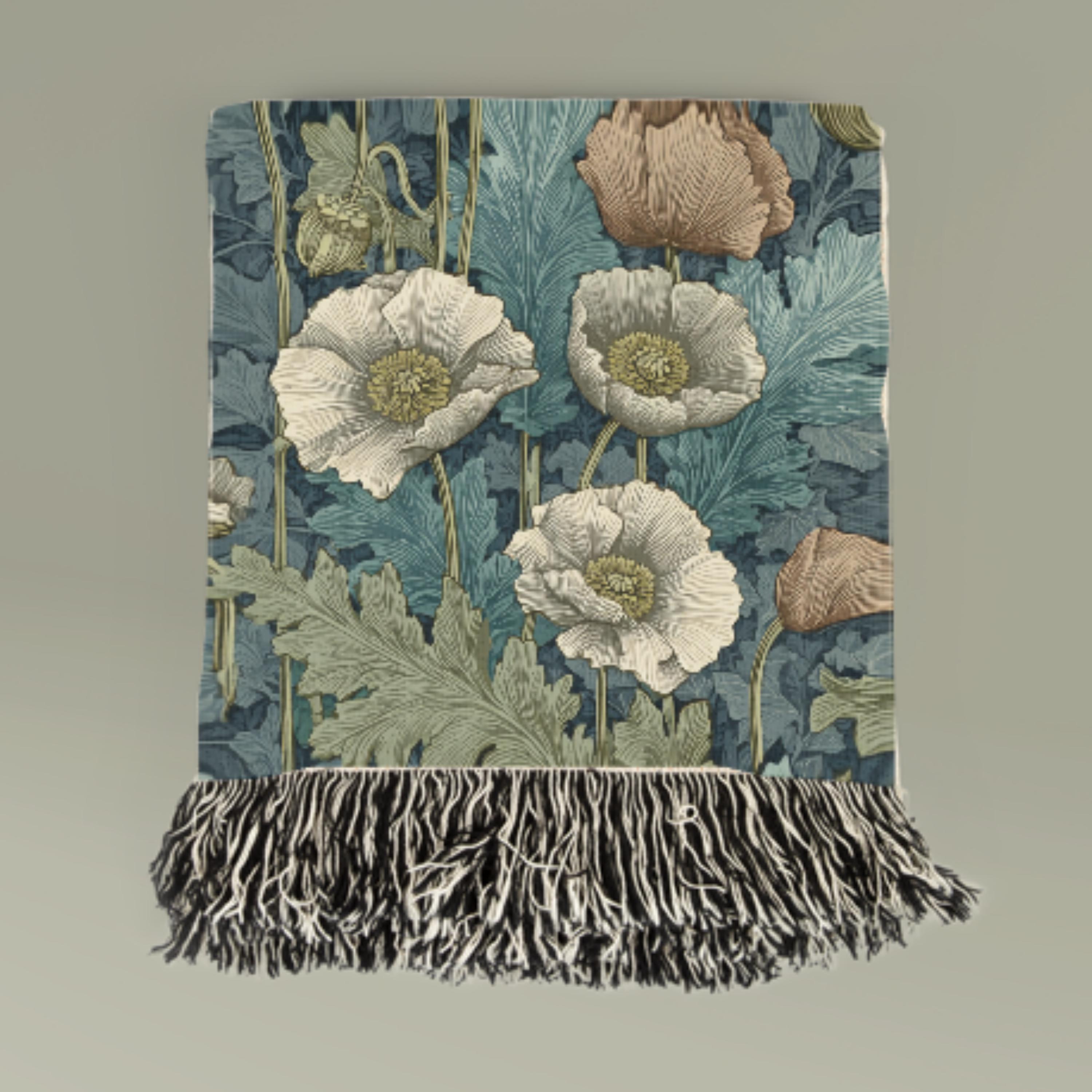 William Morris Woven Blanket - Floral Poppies Tapestry, Arts and Crafts Style