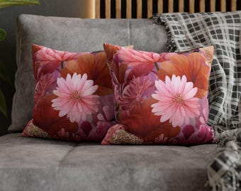 Funda de almohada con diseño floral de coral: cojín con flores tropicales rosas, decoración playera.