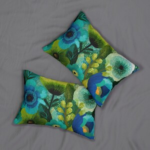 Boho Floral Lumbar Pillow – Retro Green & Blue Abstract Flowers, Mid Century Modern Botanical Cushion, Groovy Floral Decor Pillow Gift Idea