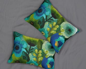 Boho Floral Lumbar Pillow: Retro Green & Blue Mid-Century Modern Cushion