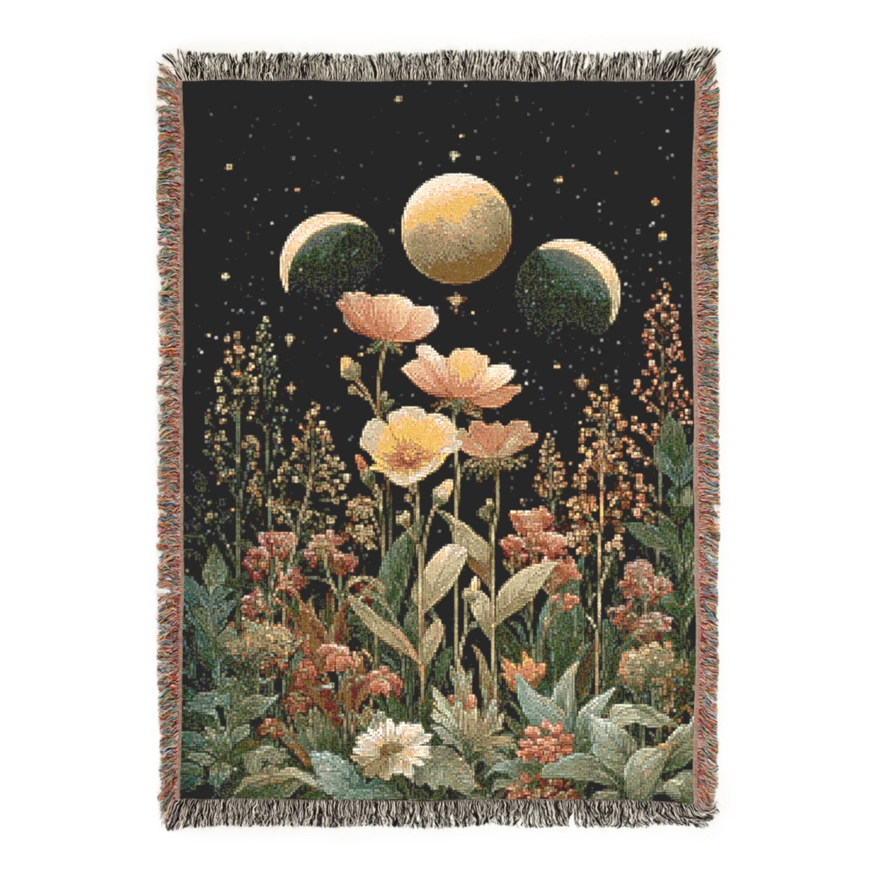 Triple Moon Woven Blanket – Gothic Floral Watercolor Tapestry