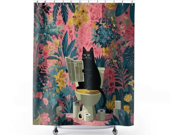 Tropical Cat Shower Curtain – Funny Naive Art, Pink Jungle Bathroom Decor