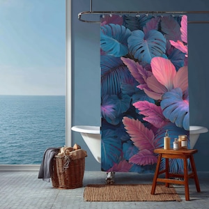 Tropical Shower Curtain – Blue and Pink Palm Leaf Pattern, Vibrant Botanical Beach Bathroom Decor, Modern Jungle Coastal Style Curtain