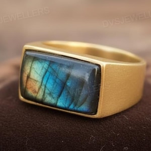 Anillo sello de labradorita natural, plata de ley 925, chapado en oro de 14k