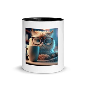 May include: White ceramic mug with a black interior. It features a cartoon cat wearing glasses and holding a coffee cup. The cat has orange fur and blue eyes. The mug is a standard size.