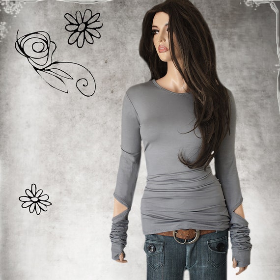Thumbhole extra long cut out sleeve, woman crew neck tee, Tratgirl