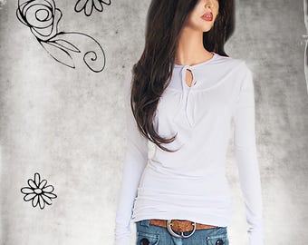 Woman yoke keyhole, tie neck crew, extra long sleeves, woman knit top, Tratgirl