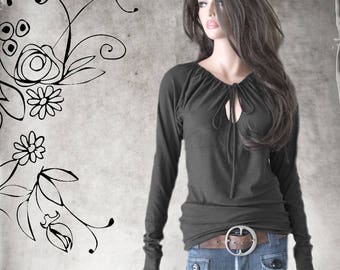 Women keyhole neck tie top: long sleeve knit