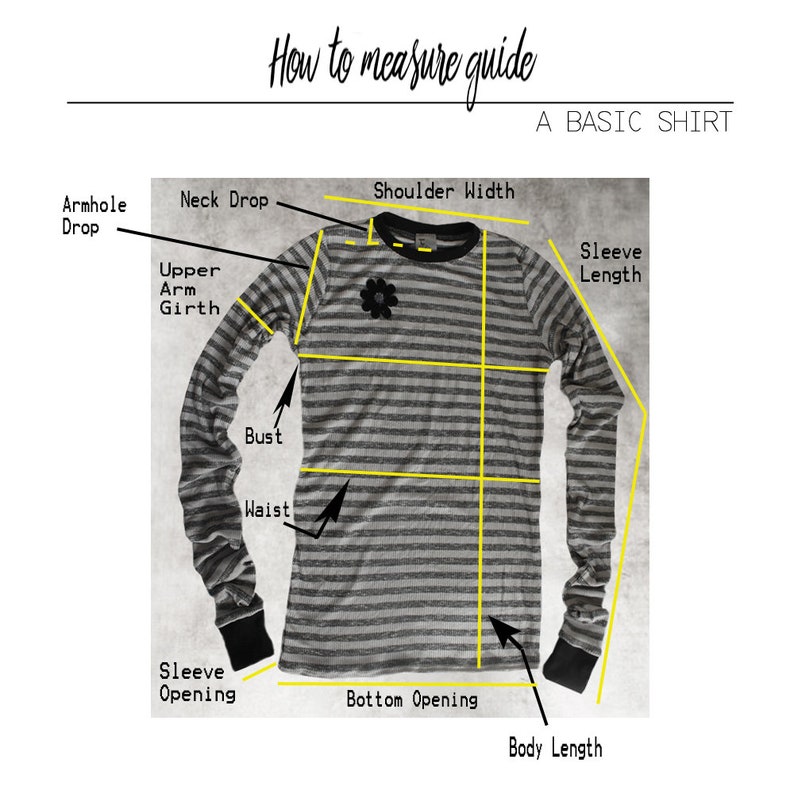 May include: Diagram showing how to measure a striped long-sleeved shirt. Measurements include armhole drop, neck drop, shoulder width, upper arm girth, bust, waist, sleeve length, sleeve opening, bottom opening, and body length.