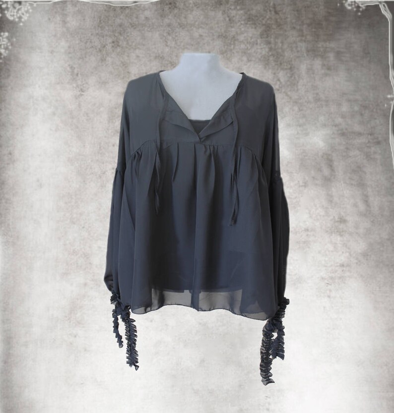 Black blouse chiffonPeasant topLong sleeve shirtPleated ties