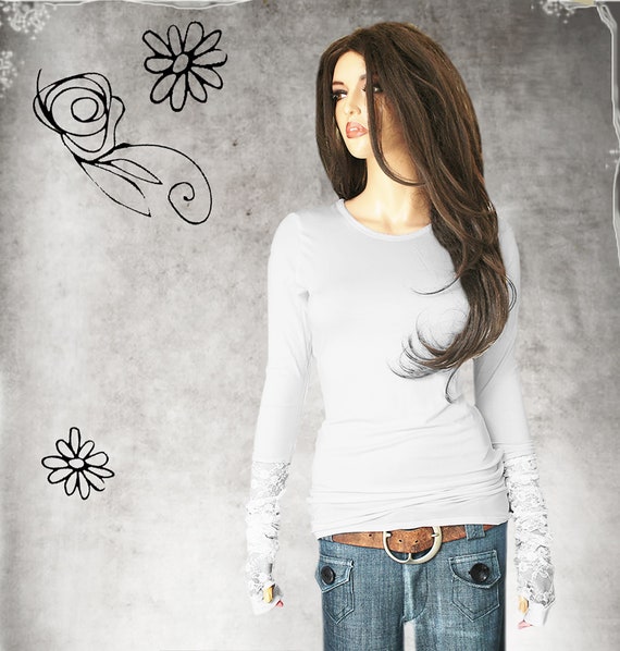 Lace Thumbhole Top Crew Neck Tee Extra Long Sleeve Pull Over Shirt