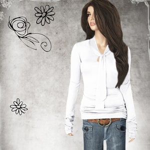 May include: White long-sleeved shirt with a tie detail at the neckline. The shirt has a fitted silhouette and is made of a soft, stretchy fabric. The model is wearing the shirt with blue jeans and a brown belt.